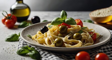 Italian food cuisine and ingredients on white concrete table Spaghetti Tagliatelle olives olive oil tomatoes parmesan cheese garlic pepper and basil leaves and checkered tablecloth.