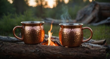 Camping scene with copper mugs Two hammered copper mugs in focus on a log with a blurred campfire in the background, evoking the warmth and coziness of outdoor adventures.