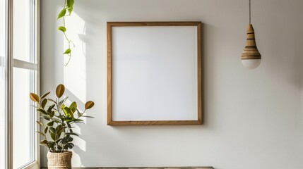 Wooden square picture frame hanging on white wall with copy space