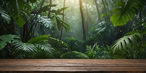 misty jungle background with empty wooden table for product display, bokeh lights, green foliage, copy space. AI generated.