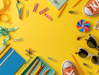 Perfectly centered and symmetrical flat lay of school-themed items including stationery and sneakers on a yellow backdrop.