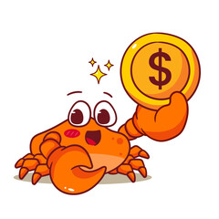 Cute Crab Holding Coin Cartoon Vector Illustration. Adorable Kawaii Animal Character Icon Mascot Concept Design. Isolated White Background.