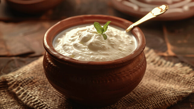 A popular Indian dessert, homemade dahi doi, sour cream, curd or yogurt, served in a traditional brown clay pot with a shiny copper spoon.