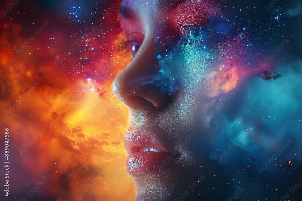 Poster surreal portrait of a woman's face blending with the universe, symbolizing the connection between hu
