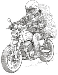 A man is riding a motorcycle with a helmet on. He is wearing a jacket and jeans. The motorcycle is parked on a hill