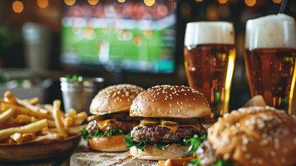 Burgers, fries and beer at the bar, with a TV showing a football match in the background.
