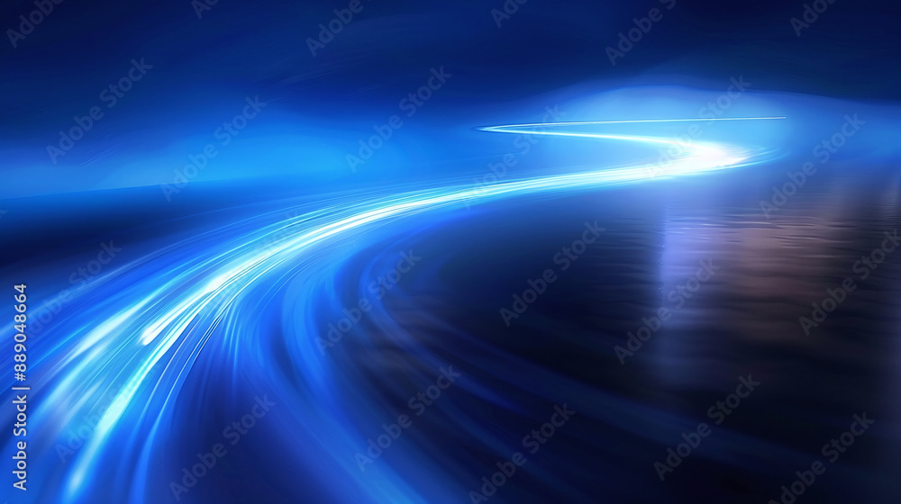Poster bright blue light paths bend dynamically against a dark background, creating a sense of speed and mo