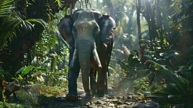 Recreation of a wild giant indian elephant walking in the exotic jungle