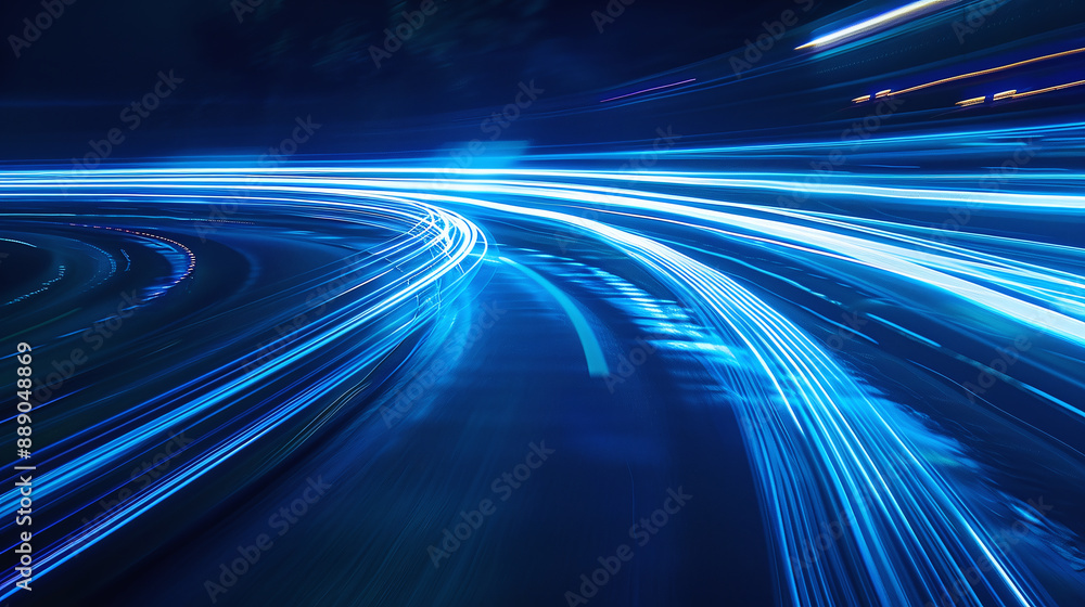Poster bright blue light paths bend dynamically against a dark background, creating a sense of speed and mo