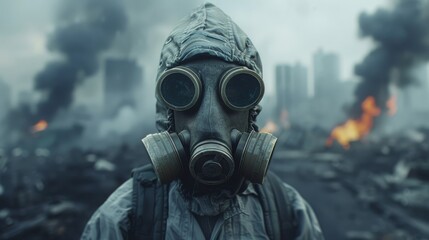 Person wearing gas mask with smoke and flames in the background. Post-apocalyptic and survival concept