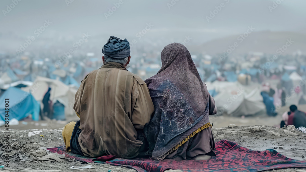 Wall mural two refugees sit together on a blanket, gazing at a refugee camp. the scene reflects the bleak condi