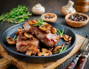Fototapeta premium Steakstreifen mit gebratenen Champignons, Bacon und Kräutern
