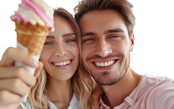 A couple shares a delicious ice cream cone, smiling broadly for a selfie