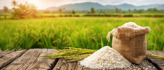 rice ears and bag of white rice on wooden table with green paddy field background