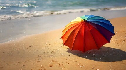 A colorful umbrella is sitting on the sand at the beach