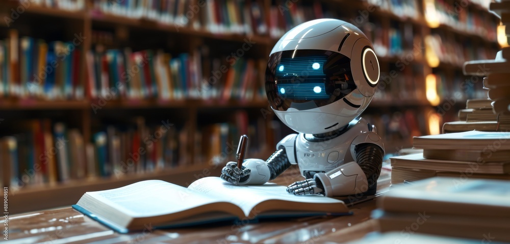 Poster white robot studying in a library with a laptop and notebook