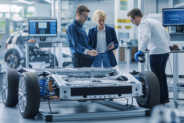 Engineers work together in a lab to design electric vehicle chassis and batteries with a focus on sustainability and cuttingedge technology