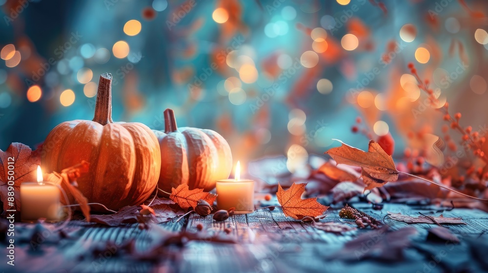 Poster seasonal setting with pumpkins autumn leaves and candles on wooden surface harvest celebration with 