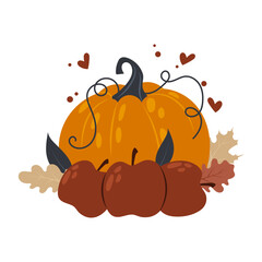 Orange pumpkin with apples and fall leaves. Autumn vegetables. Fall holiday decor with pumpkin. Flat style illustration.