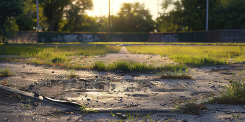 Deserted Baseball Diamond: A dusty baseball field, its green grass now yellowed and unkempt, the bases empty and forlorn.