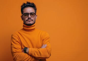 Fototapeta premium Man Wearing Orange Sunglasses and Turtleneck in Front of Orange Background