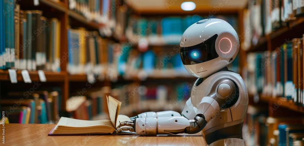 Poster white robot studying in a library with a laptop and notebook