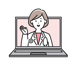 パソコンでオンライン診療案内をする女医のイラスト素材