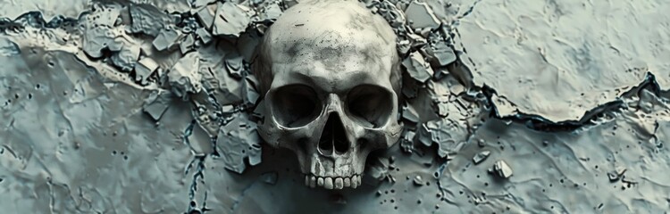Human Skull Emerging From Cracked Grey Surface