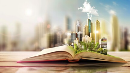 Fototapeta premium Open book with a miniature cityscape emerging from its pages on a blurred city background. Education and urban planning concept.
