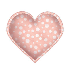 Fabric heart shaped illustration with pink and white polka dots pattern and stitches on watercolor texture. Hand-drawn watercolor. Raster clipart for postcards, invitations, scrapbooking design.