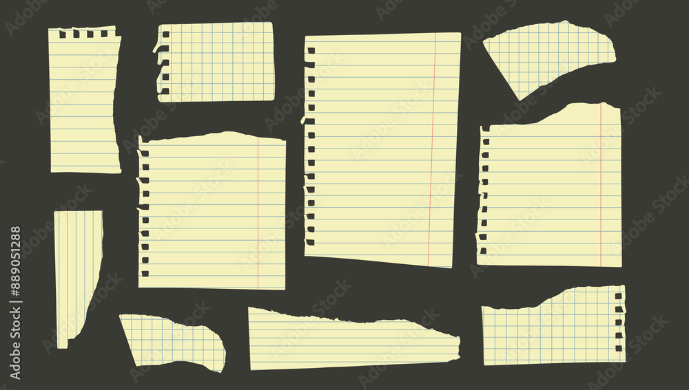 Poster notebook paper pieces of torn sheets of lined and square on black background. set of ripped note lis