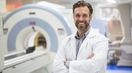 Radiologic technologist in modern medical imaging facility.