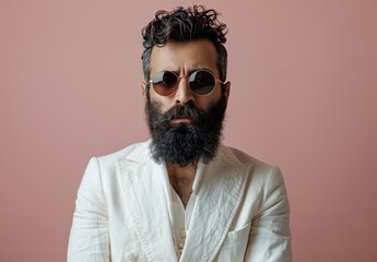 Obraz premium Man With Curly Hair and Beard Wearing Sunglasses and White Blazer Against Pink Wall
