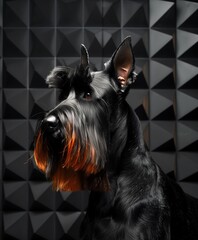 Profile of a black Schnauzer dog with a geometric background