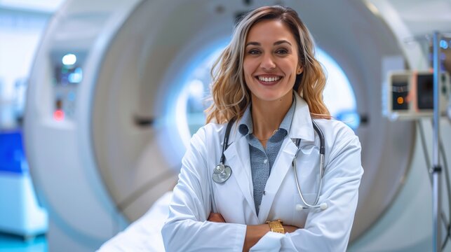 Smiling radiologic technologist with medical machine. - Powered by Adobe