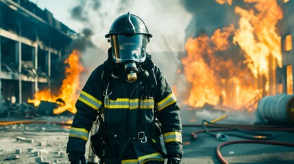 Fototapeta premium Fire-fighting with showcasing a fire effect, a firefighter in full uniform, fireproof clothing, personal protective equipment, and an oxygen cylinder.