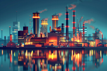 Obraz premium A city skyline with a large industrial plant in the background. The sky is dark and the city is lit up with lights. The industrial plant is emitting smoke, giving the scene a sense of pollution