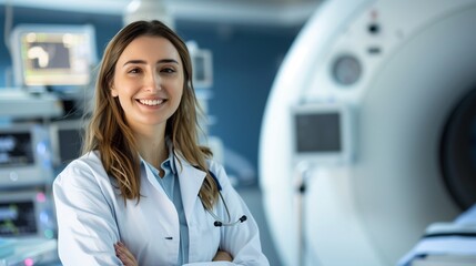 Smiling radiologic technologist with medical machine.
