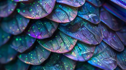 Macro close up of a dragon skin with colorful lights on it. A close up of a purple and green fish scale pattern
