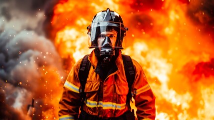 Obraz premium Fire-fighting with showcasing a fire effect, a firefighter in full uniform, fireproof clothing, personal protective equipment, and an oxygen cylinder.