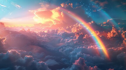 Aerial view above clouds with rainbow. Fantasy landscape with rainbow in the sky.