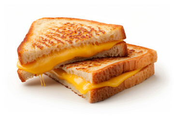 A perfectly melted grilled cheese sandwich with golden, crispy bread and gooey cheddar cheese oozing out, on white background.