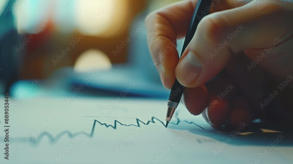 Poster a person is writing on a graph with a pen. the graph shows a downward trend, and the person is writi