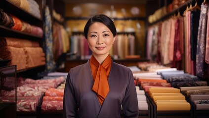 Illustration of a Japanese female entrepreneur in traditional garment running a small business in a boutique selling handmade goods