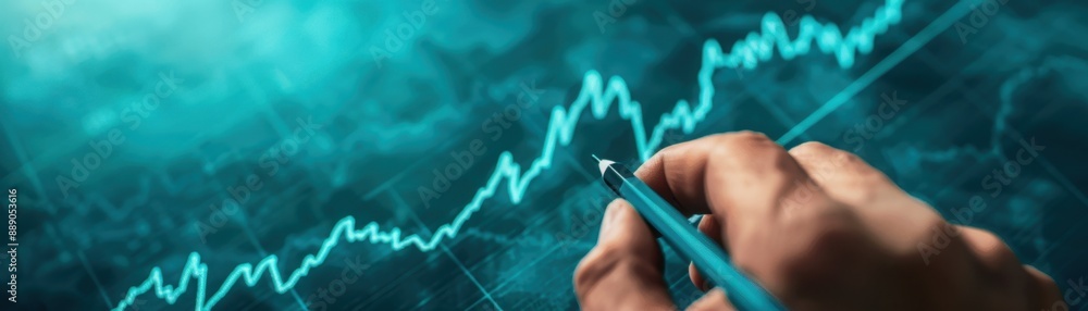 Poster a person is writing on a graph with a pen. the graph shows a downward trend, and the person is writi