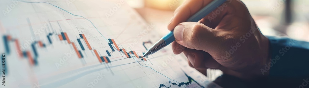 Poster a person is writing on a graph with a pen. the graph shows a downward trend, and the person is writi