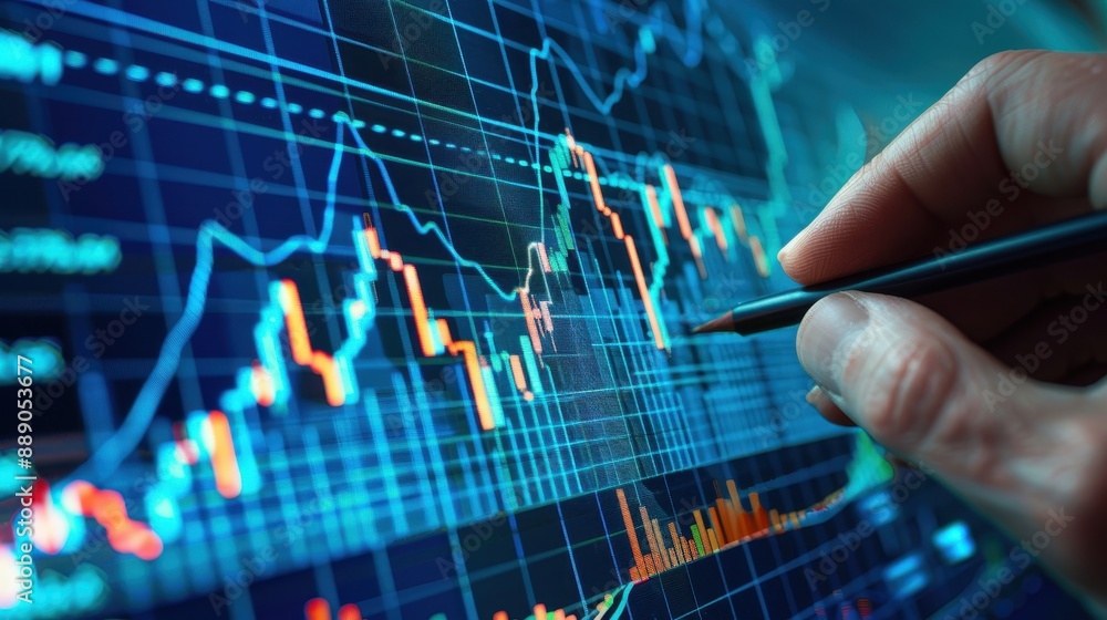 Poster a person is writing on a graph with a pen. the graph shows a downward trend, and the person is writi