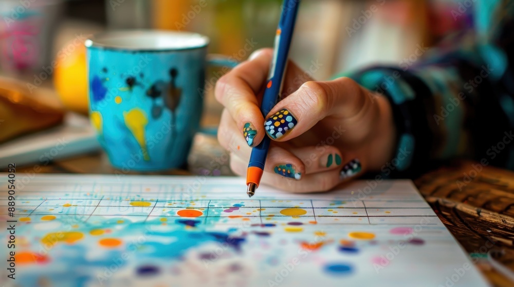 Poster a person is writing on a piece of paper with a pen while a cup of coffee is on the table. concept of