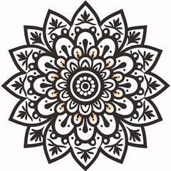 A black line mandala with tribal elements, white background