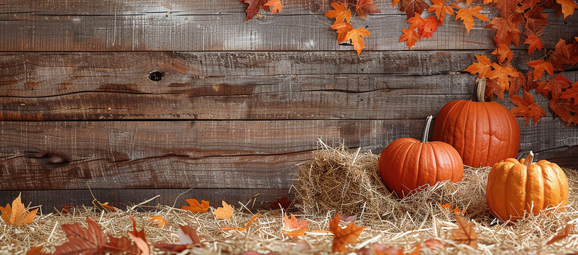 pumpkins and hay on wooden background, Halloween decoration for fall season